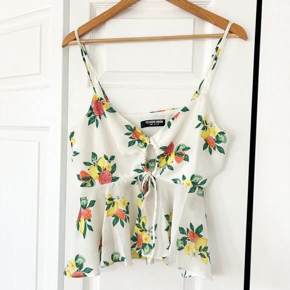 NWOT ASOS Fashion Union Citrus Print Tie Front Peplum Camisole Top White Size 8 - Picture 1 of 7
